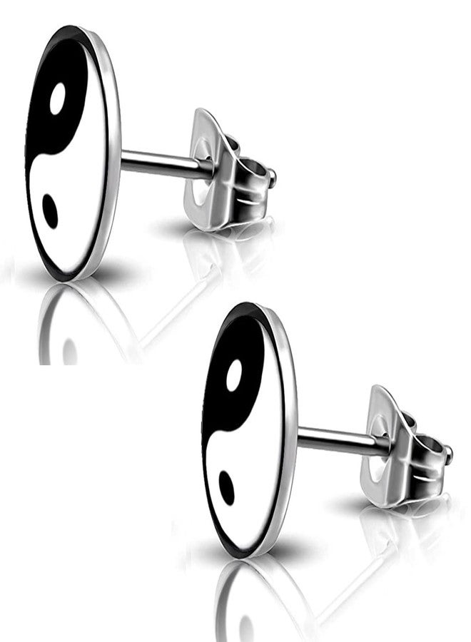 SIISPRI 316L Surgical Stainless Steel Yin Yang Round Circle Button Stud Post Earrings 10MM (black+silver) - Image 4
